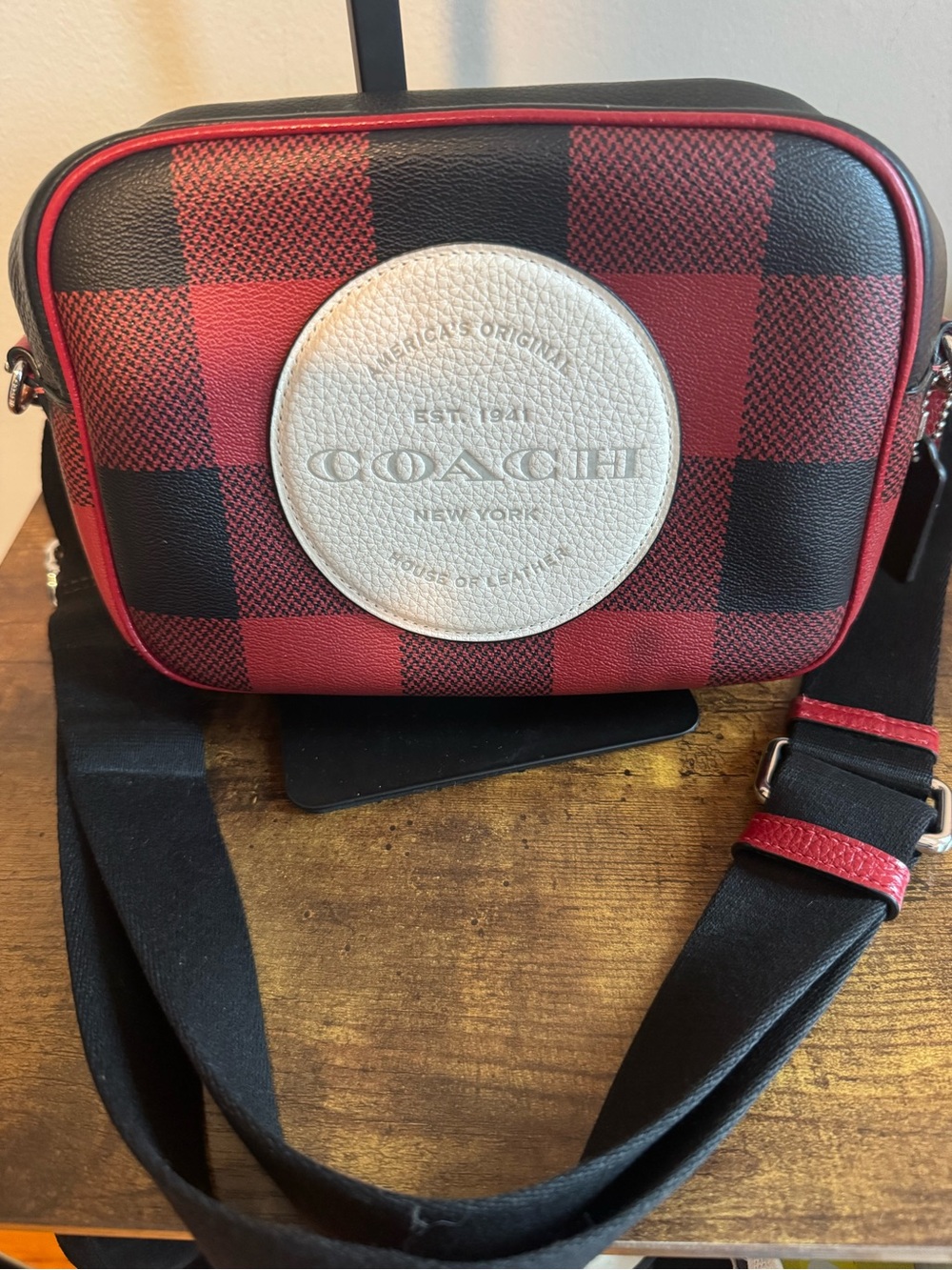 Coach Red & Black Buffalo Plaid Camera Bag with White Logo Patch